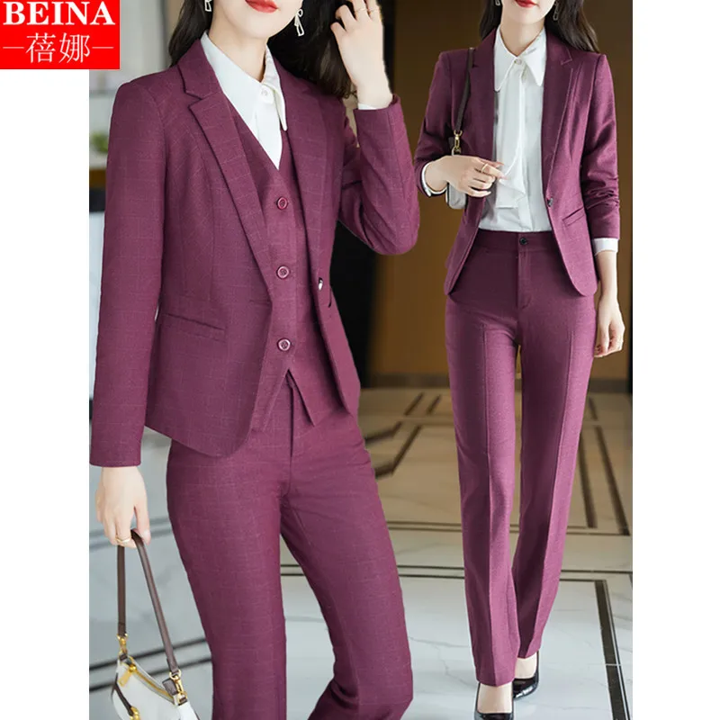 

8236 Korean Style Purple Business Wear Plaid Suit Women's Formal Wear Work Clothes Autumn and Winter Fashion Elegant Business Su