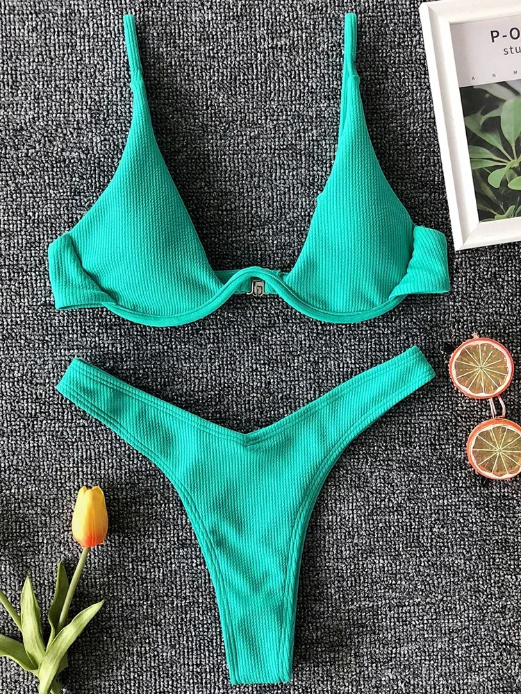 

Sexy Neon V-bar Underwired Bikini 2024 Female Ribbed Swimsuit Women Thong Swimwear Two-pieces Bikini set Push up Bathing Suit