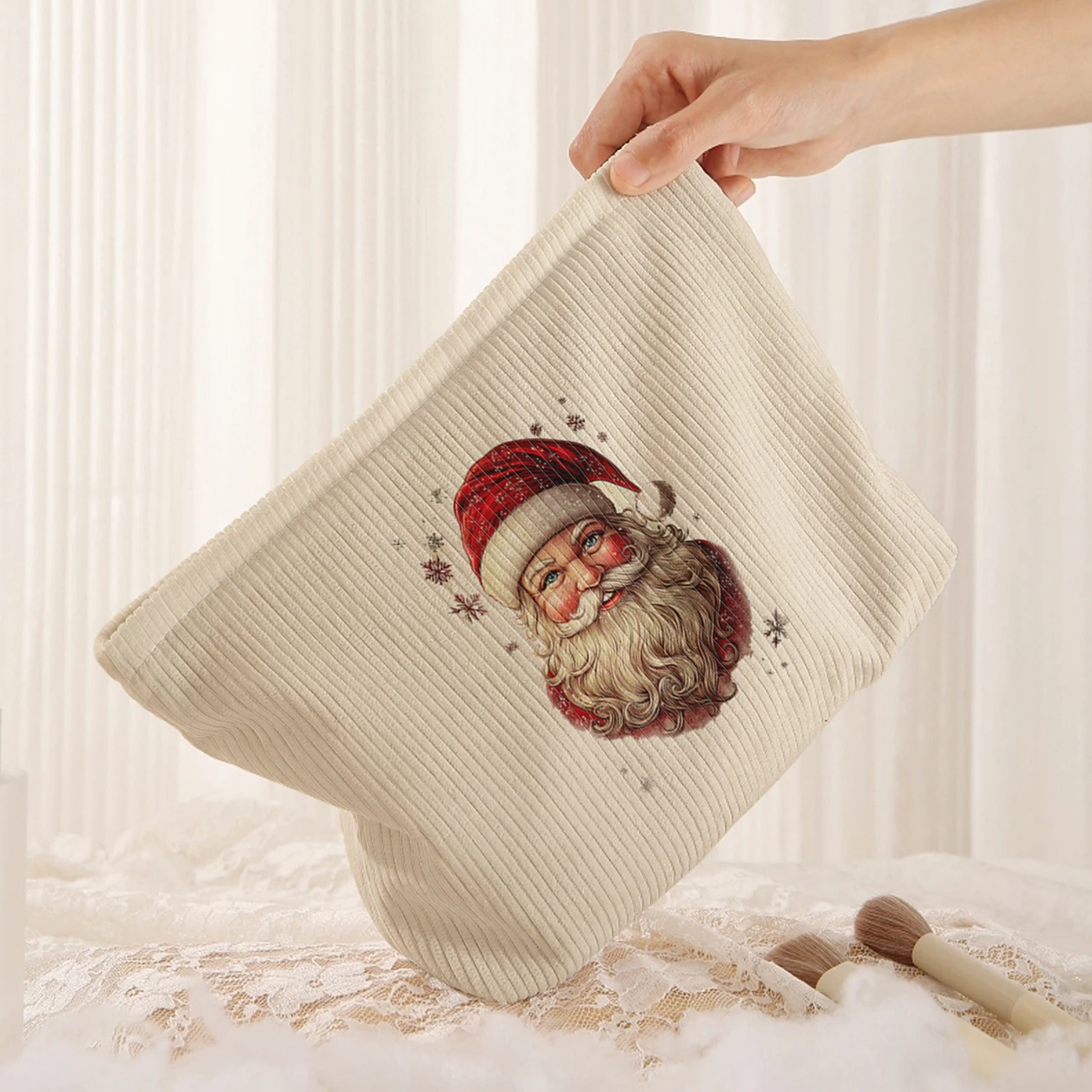 1 Christmas themed corduroy makeup bag, lightweight zipper makeup storage box, multifunctional bag with lining