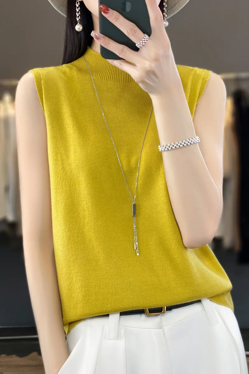 

2024 New Spring Summer New Mock Neck Cashmere vest Women sleeveless Cashmere vest Knitted vest Women