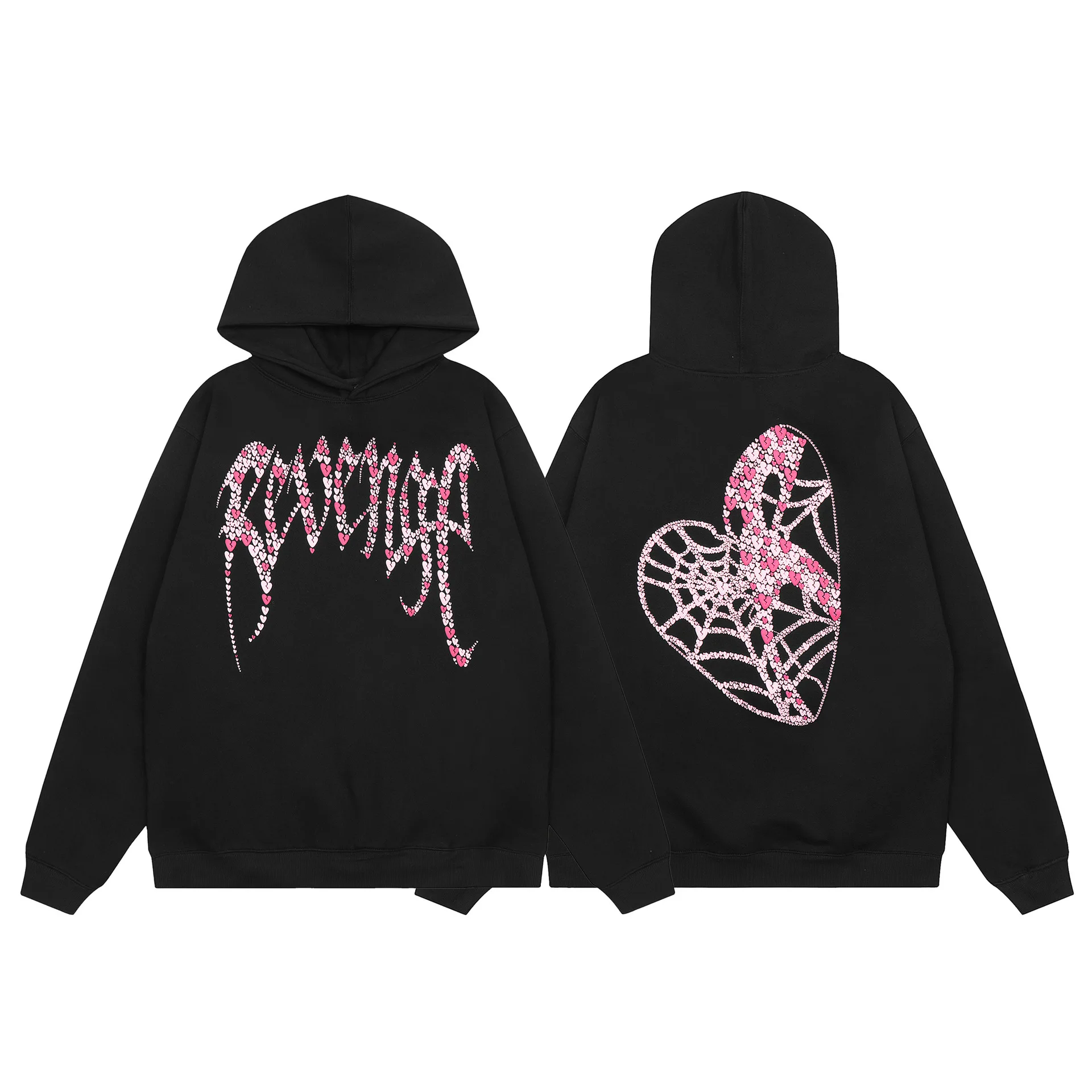 

REVENGE Pink Love Spider Web Foam Print Casual Loose Black Hooded Hoodie for Men and Women in Winter