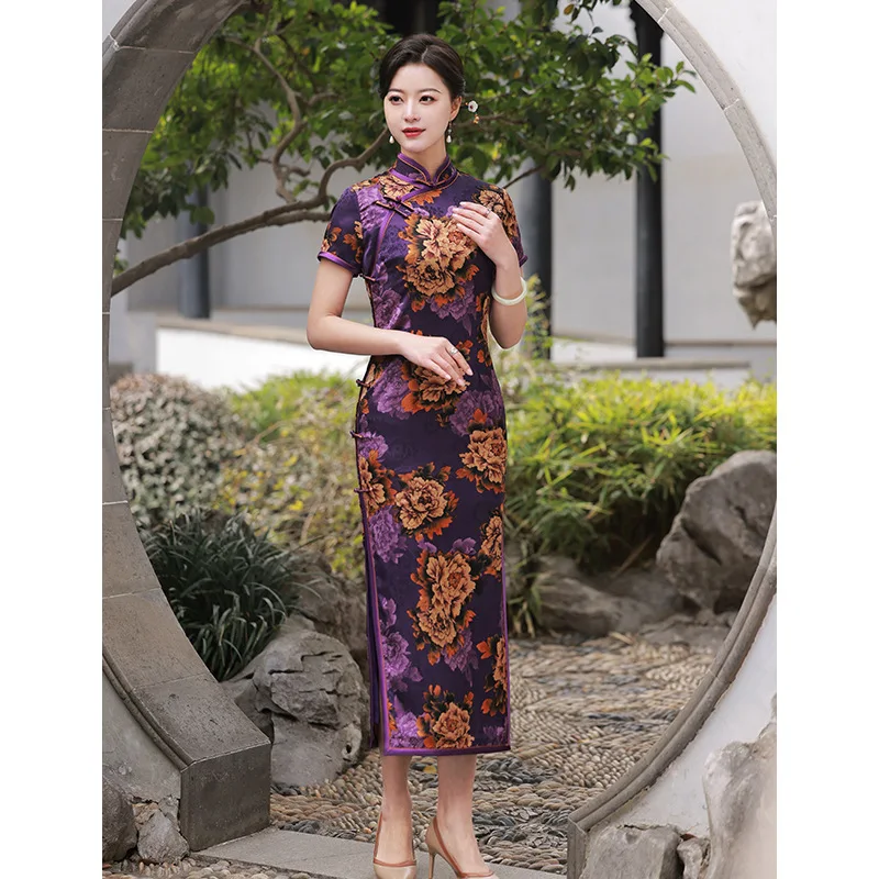 

Summer Traditional Chinese Mandarin Collar Short Sleeve Printed Satin Cheongsam Elegant Handmade Buttons Qipao Size 4XL
