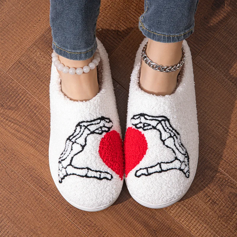 Couples Home Slippers Skull Hand Love Heart Valentine's Day Gift Winter Warmy Cotton Shoes Non Slip Fluffy Comfy Shoes Gift 5