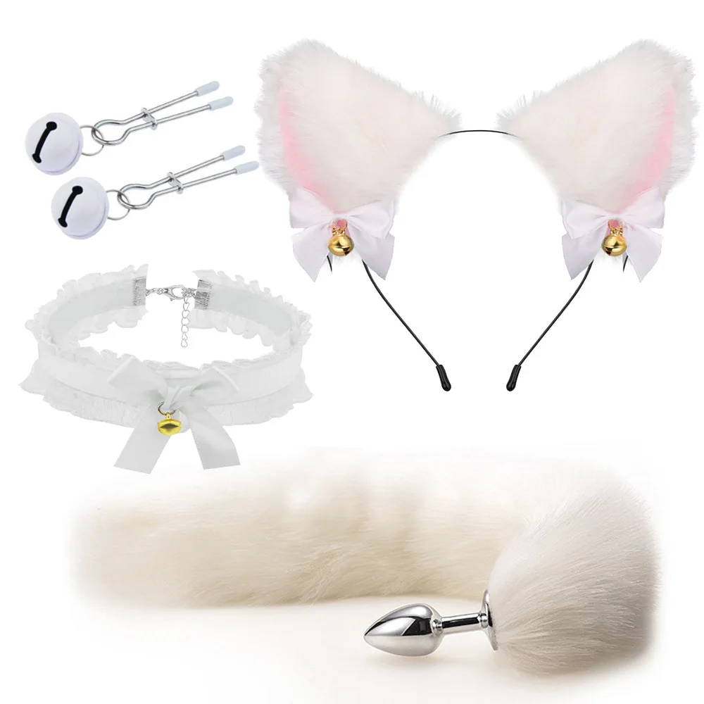 Simpatici 3 colori coda di volpe plug anale orecchie di gatto fasce per capelli set giochi per adulti capezzoli clip collo colla_voghion.com