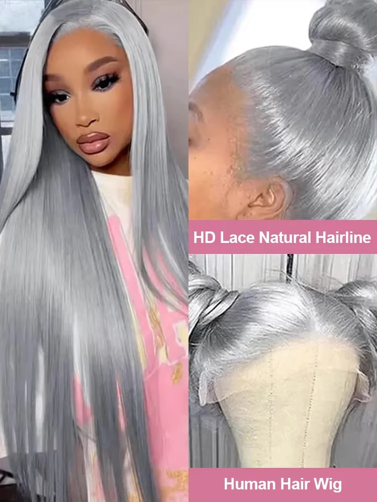 40 42 Inch Silver Grey Colored Bone Straight Lace Front Human Hair Wigs Silky Hair HD Transparent 13x6 13x4 Lace Frontal Wigs For Women Brazilian Real Virgin Hair Wigs Pre Plucked 250% Density High Quality 2