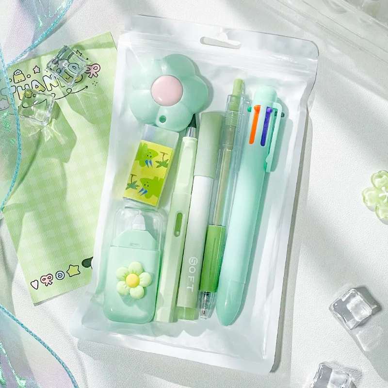 6/7/8Pcs Cute Cartoon School Stationery Set Color Pens Stick Note Student Tools Gift Kit Eraser Large Capacity Learning kawaii - 5