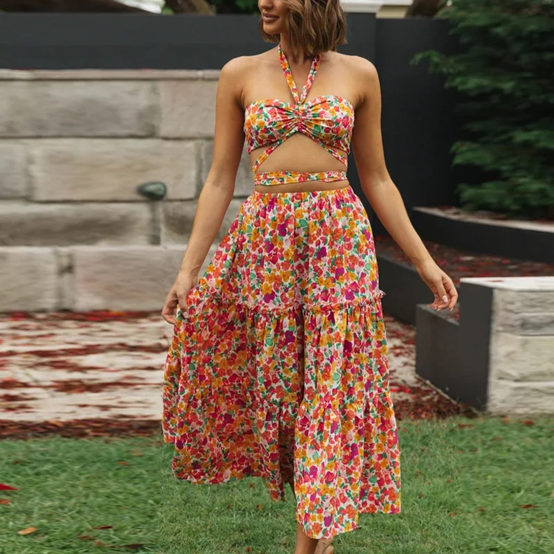 SKMY Floral Bohemian Skirts Two Piece Sets Halter Neck Hollow Out Open Back Crop Tops 2022 Summer Beach Outfits Women Clothing