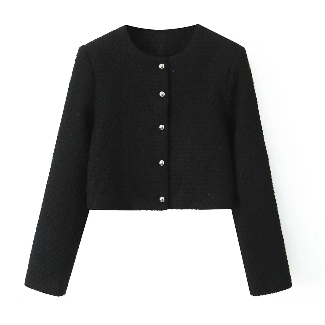Autumn O neck Soft Woolen Black Tweed Coat Cropped Vintage Women Silver Buttons Full Sleeve Short Blazer Elegant Jacket