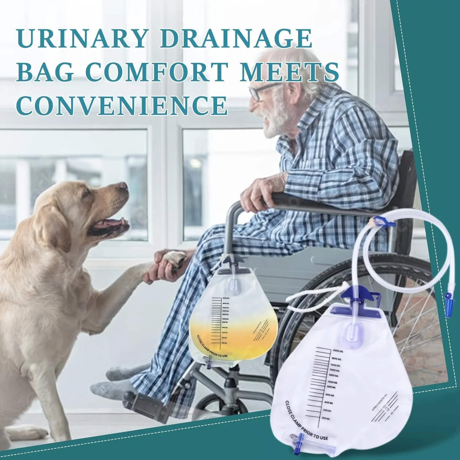 2000ml Urine Drainage Bag with 48" Anti Kink Tube, Cross Shaped Drainage Valve, Leak-Proof and Anti Reflux Design with Hanging H