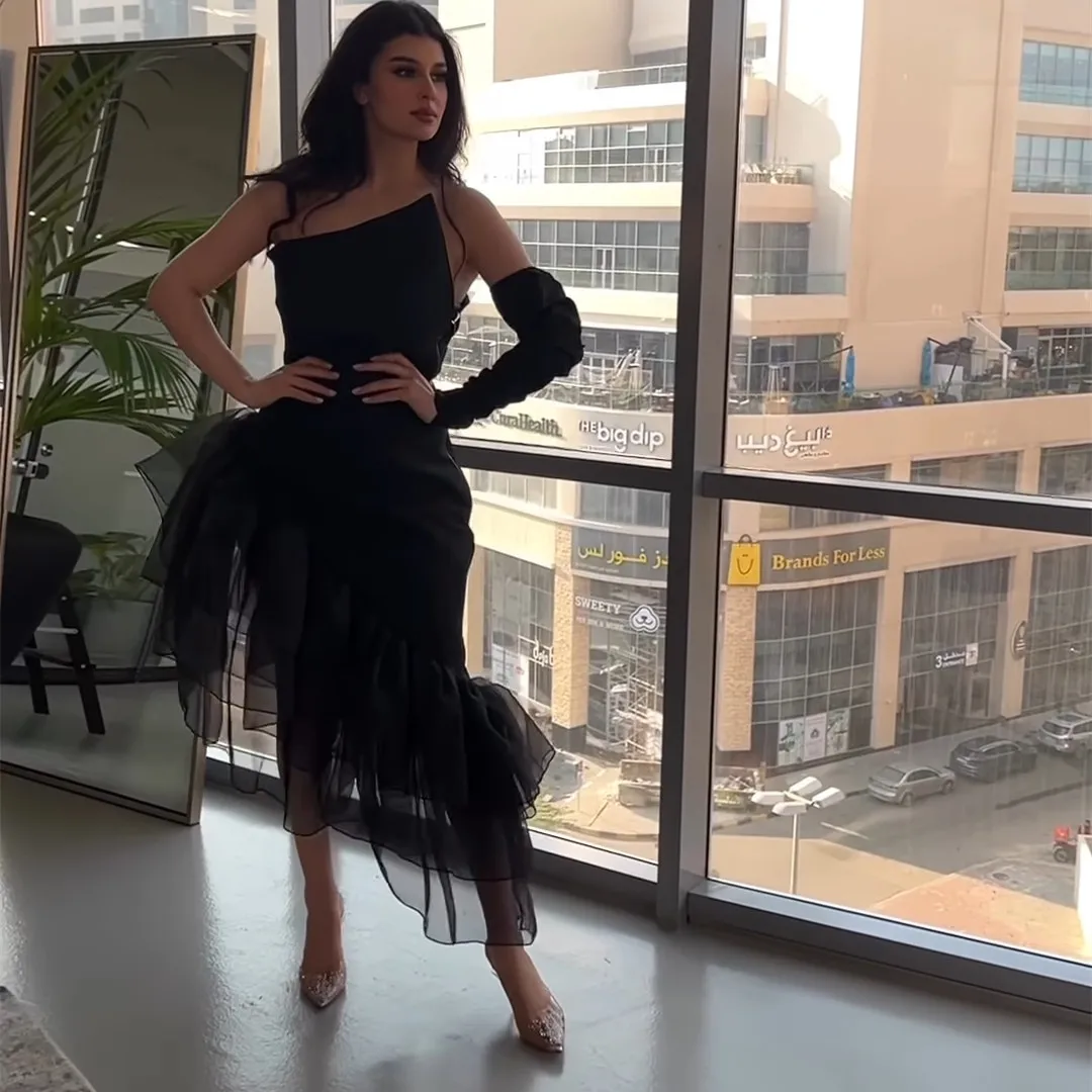 

Qcenkern Short Black Crepe One Shoulder Evening Dresses Mermaid Tulle Tea Length Prom Dress Abendkleider for Women Party Gowns