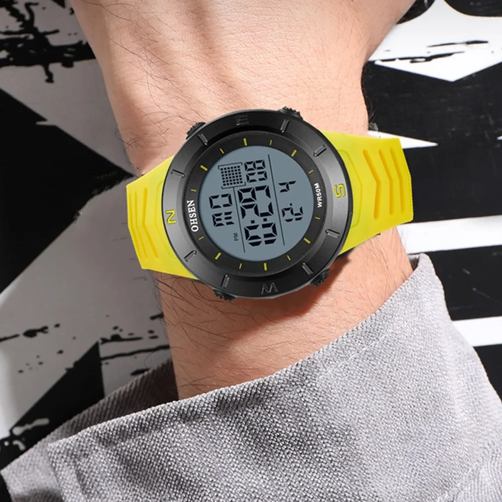 OHSEN-relojes electrónicos Led para hombre, pulsera militar de silicona amarilla, resistente al agua hasta 5atm, Digital