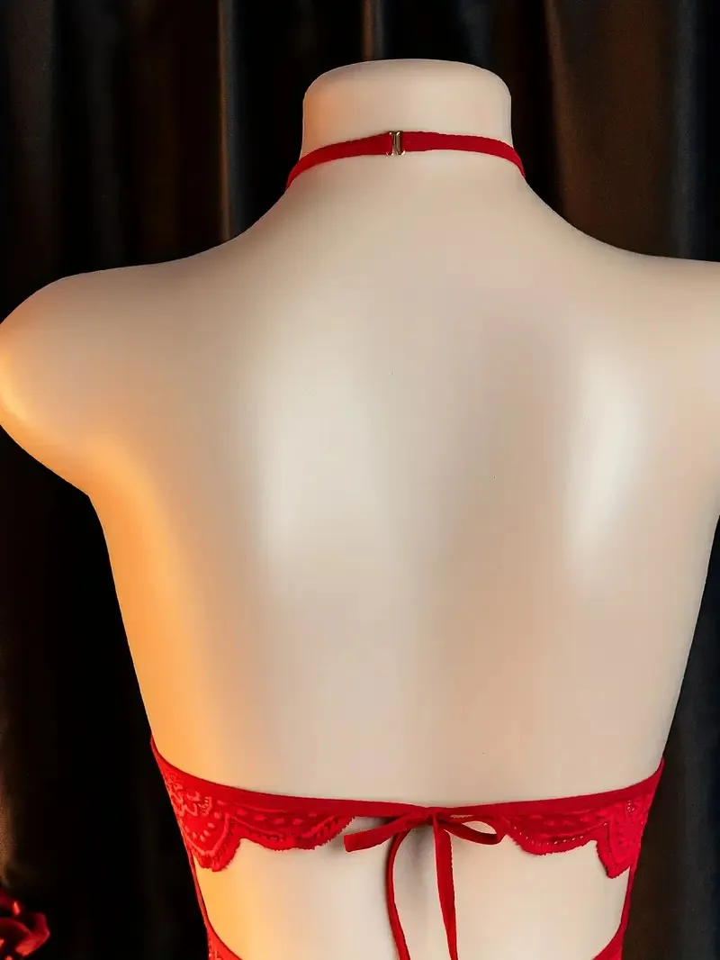 HeartCaptor Women Red V-neck Transparent Teddy Bodysuit Lace Lingerie Nightwear - Details 6