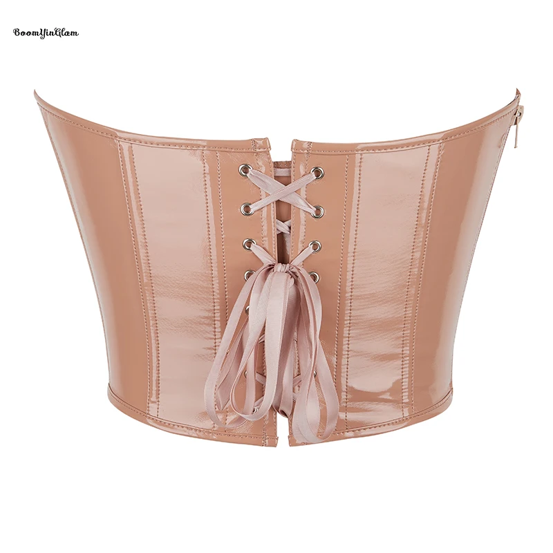 Cream Gothic Vintage Korset Invisible Zipper Pu Leather Cropper Top Push Up Bustier Deep V-neck Strapless Corselet For Women