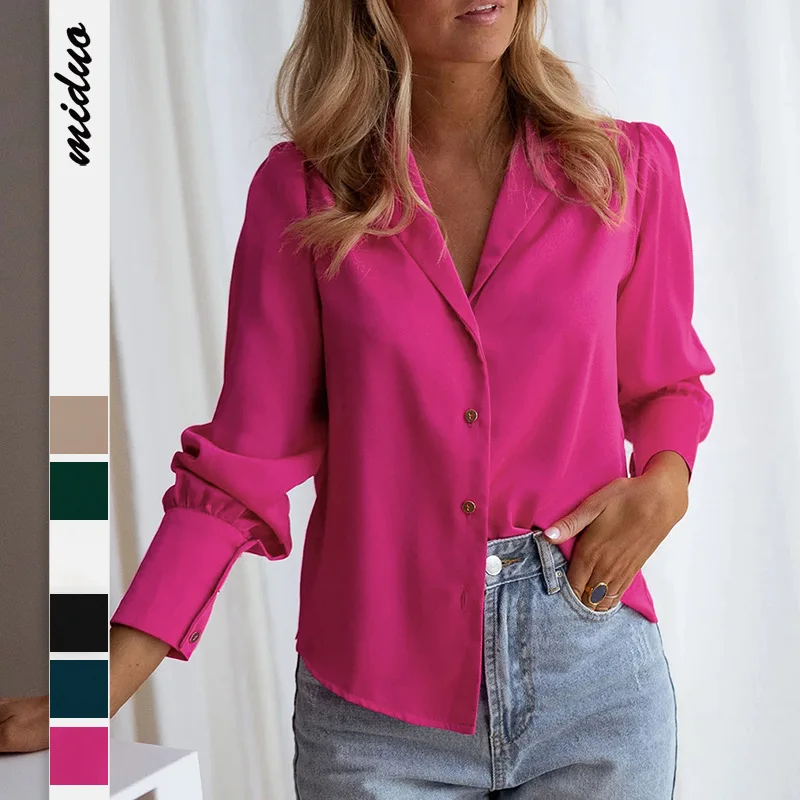 

2023 Autumn New Women's Shirt Loose Cardigan Long-sleeved Top Temperament Commuting Solid Color Lapel Shirt Women's Summer