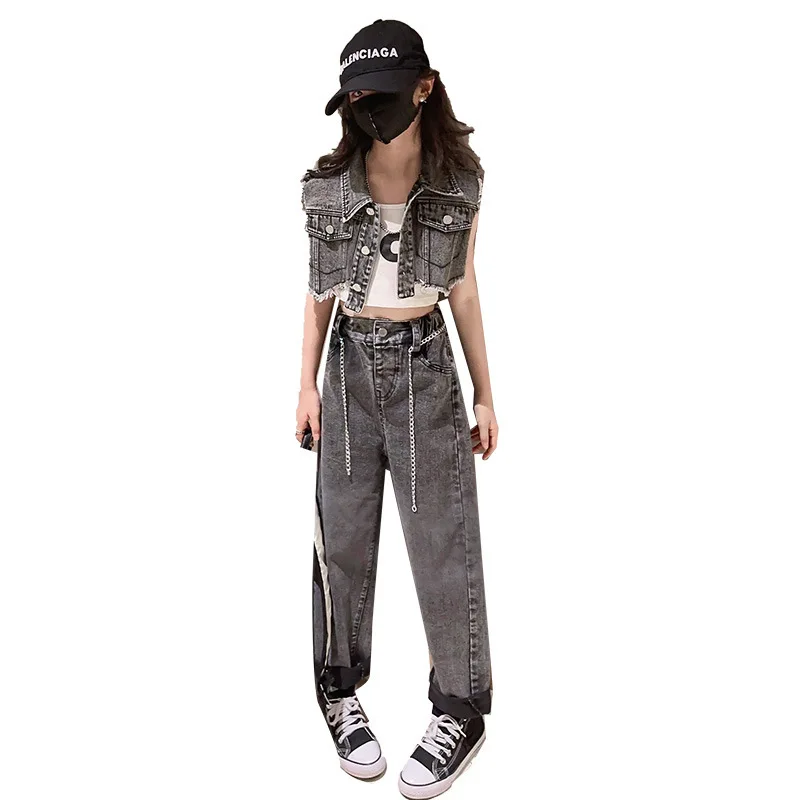 

Kids Clothes Girls Summer Lapel Short Frayed Design Jacket Top + Denim Trousers 2pcs Fashion Streetwear Outfit for Teen 4-14 Yrs