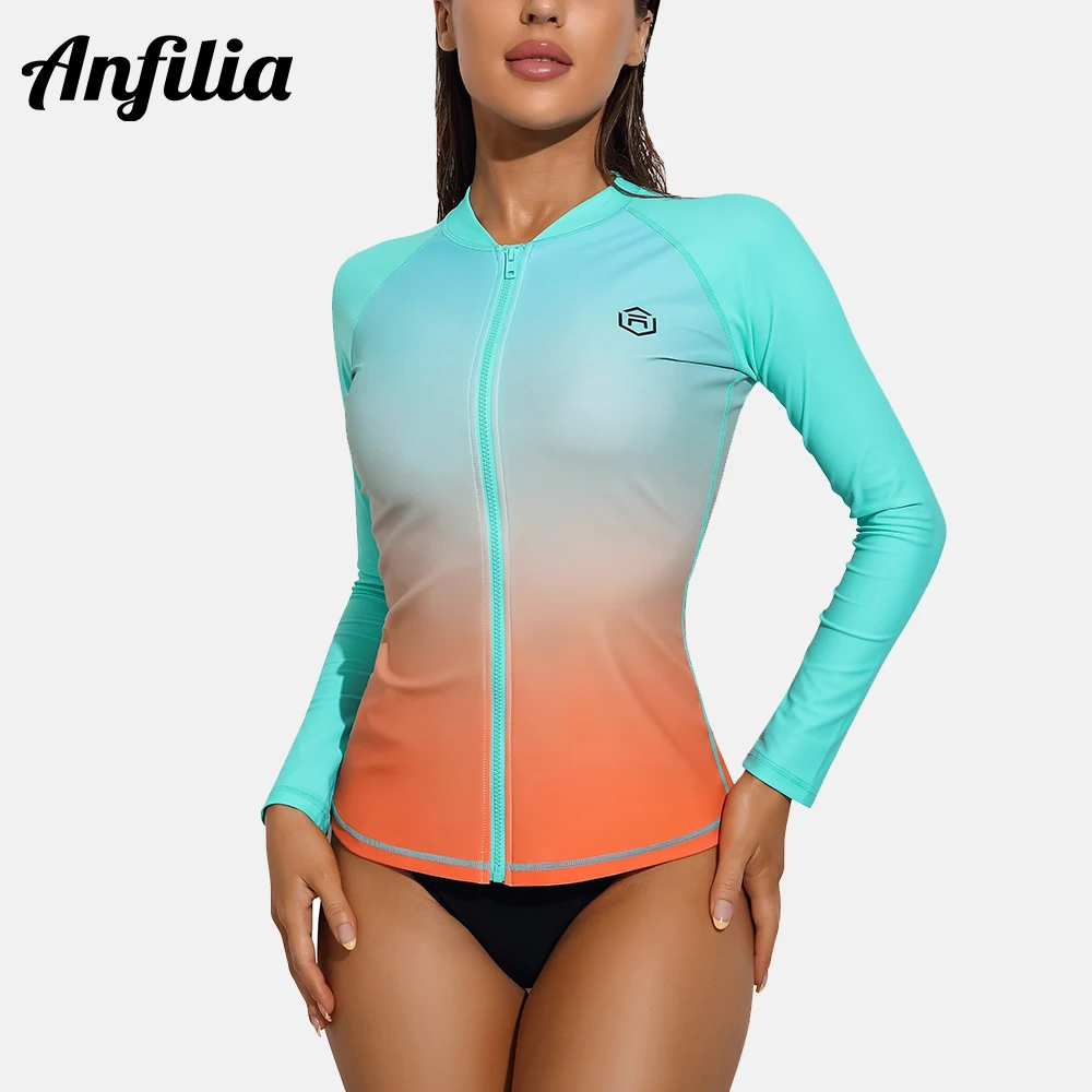 Women Swimsuit Top Anfilia Women Long Sleeve Rash Guard Sun Protection Zipper Swimsuit Top