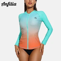 Anfilia Women Long Sleeve Rash Guard Sun Protection Zipper Color Block Gradient Swimsuit Top 1
