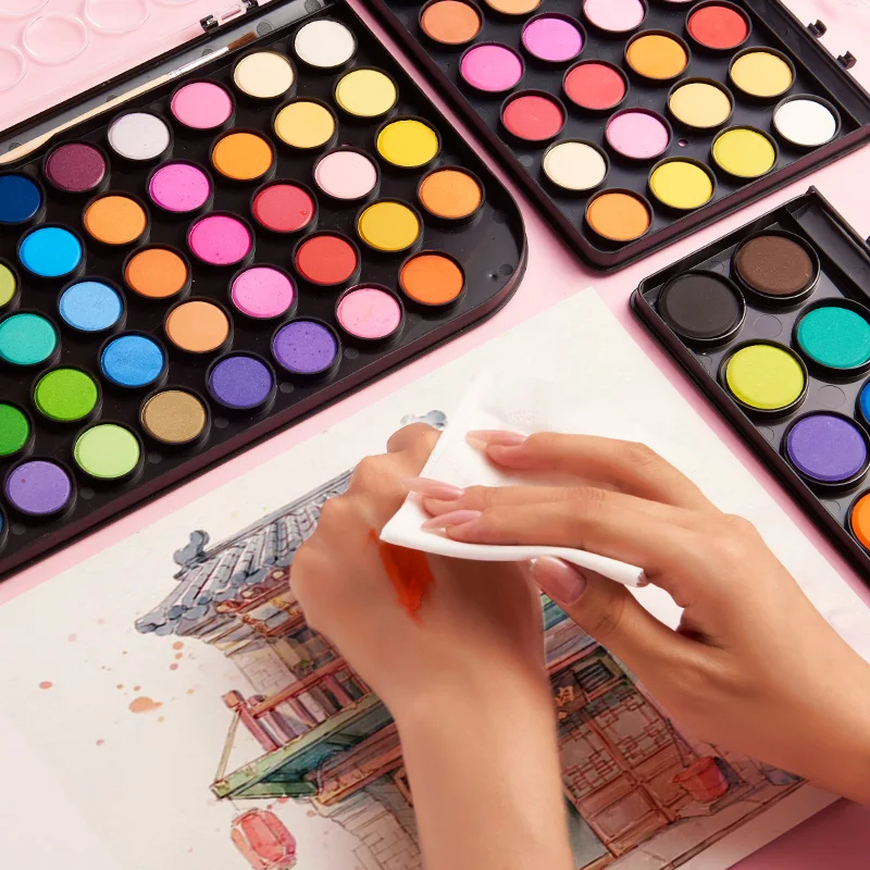 12/16/28/36/48색 고체 수채화 물감 세트 메탈릭 글리터 플라스틱 박스 수채화 물감 세트 학생용