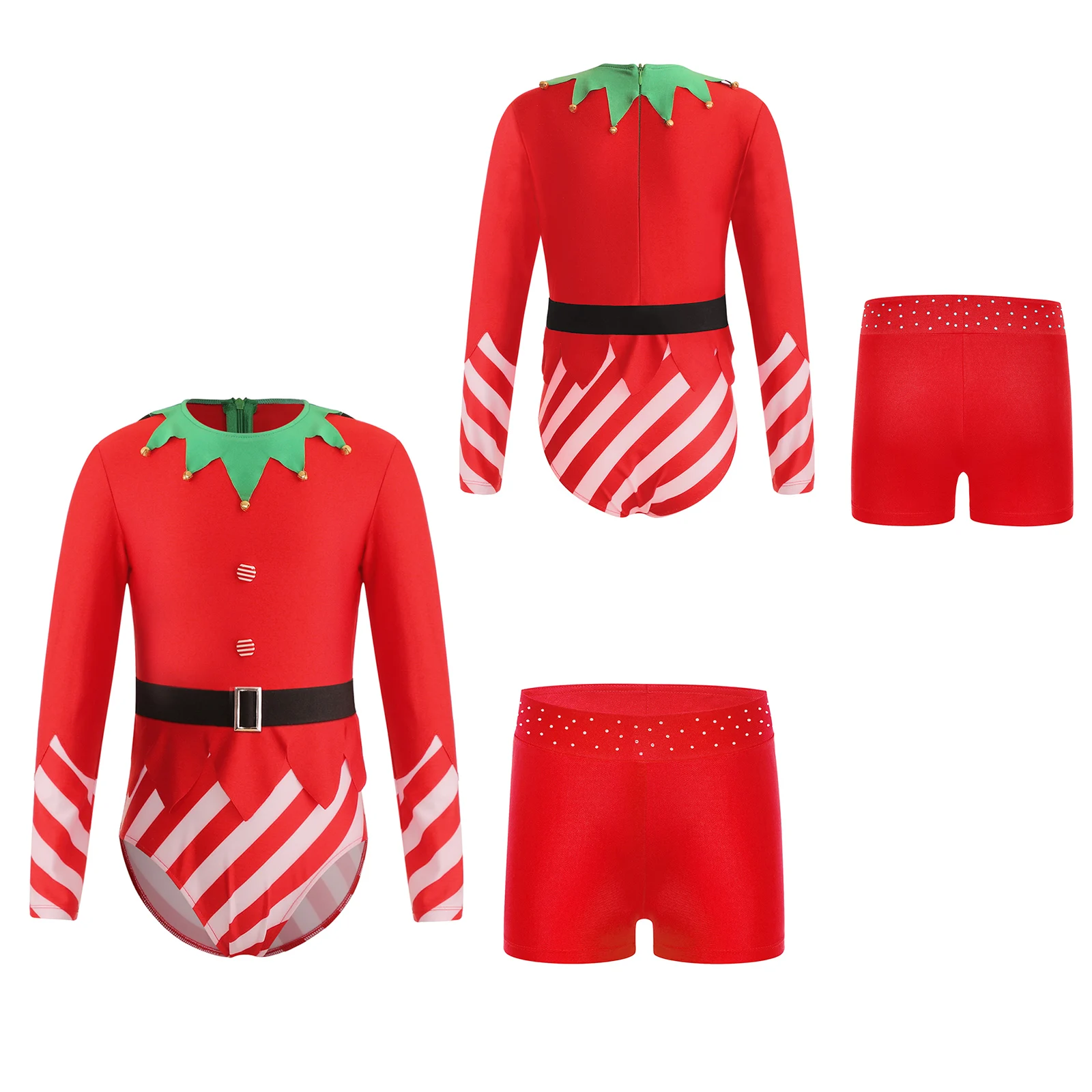 Girls Christmas Elf Costume Gymnastics Leotard Unitard Long Sleeve Striped Bodysuit Belt Rhinestones Shorts Santa Cosplay Suit