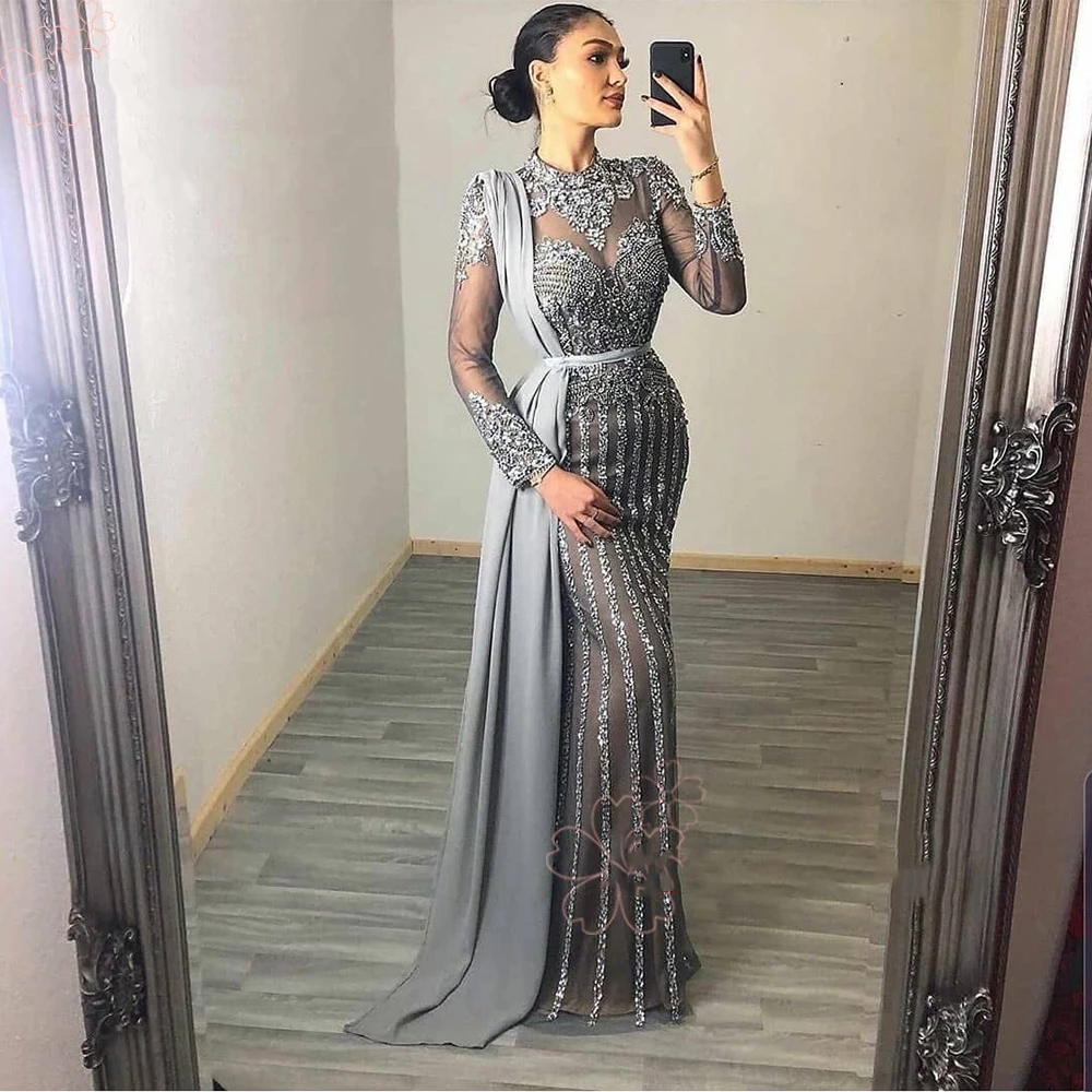 

Haute Couture Elegant High Neck Muslim Crystal Sequin Long Sleeves Wedding Evening Night Dress for Women Mermaid Formal Prom