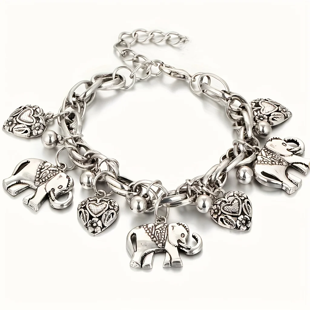 Elephant Charm Bracelet Boho Vintage Carved Elephant Charm Bracelet-Romantic Heart Detail, Versatile Accessory for Every Occasion