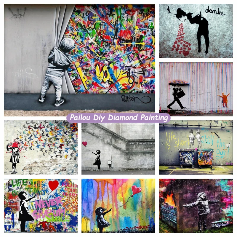 

Banksy Behind The Curtain Graffiti Art 5d Diamond Painting Butterfly Girl Street Artwork Crystal Cross Stitch Craft Wall Decor