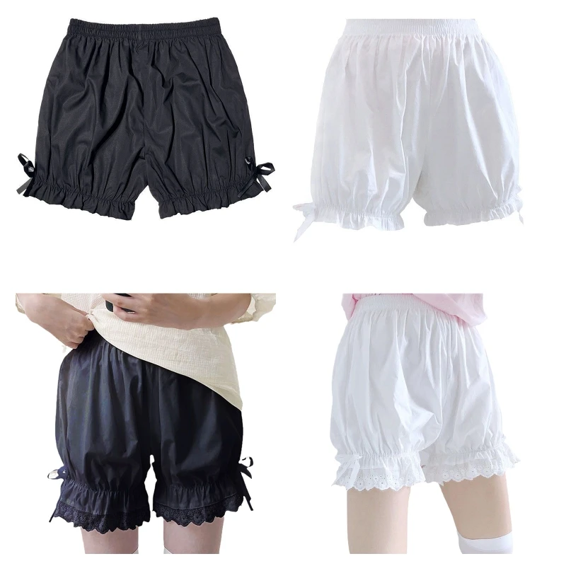 Women Vintage Victorian Gothic Bloomers Ruffled Lace Trim Pumpkin Shorts Sweet Bowknot Loose Safety Pants