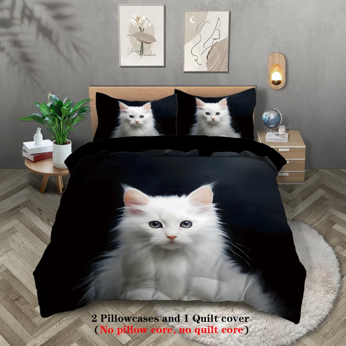 3-piece set of cute white cat pattern print (1 duvet cover+2 pillowcases, no core) comfortable bedding set