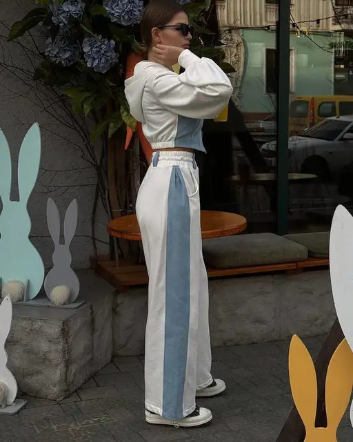 Denim Patchwork Top+pant 2 Piece Sets Women's Spring Fashion Zipper Hoodies Coat Outfits Casual Wide Leg Sweatpants Suit Women 2