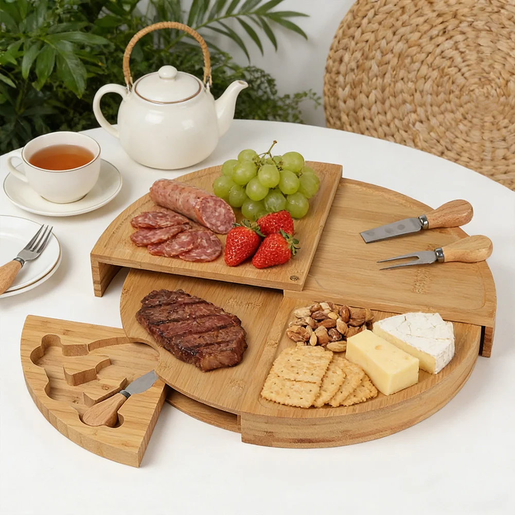 Bambus-Käsebrett, Rundes Serviertablett mit Messerset, Leicht zu Reinigendes Charcuterie-Servierbrett mit Drehbarem Messerschubfach – Detail 4
