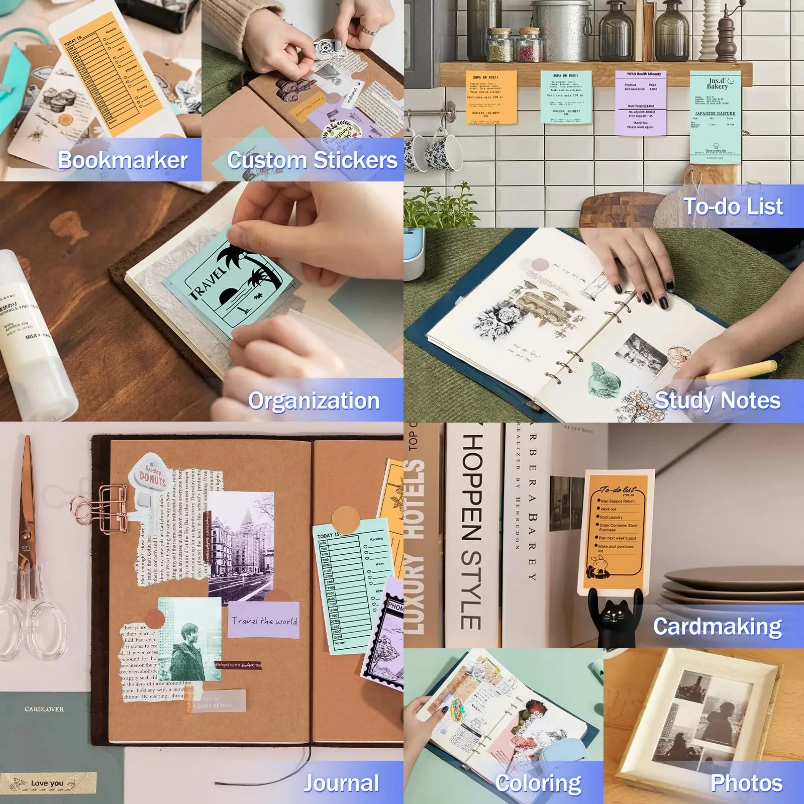 6롤 멀티 컬러 홀로그램 감열지 휴대용 프린터, 저널 장식, DIY 공예, 선물 라벨용 화이트 & 실버 리필