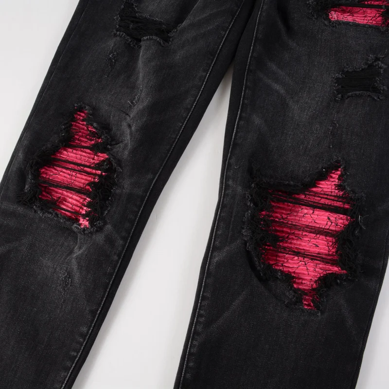 High Street Fashion New Black Men's Jeans Elastic Slim Fit Red Patch Jeans Hip Hop Brand Pantss