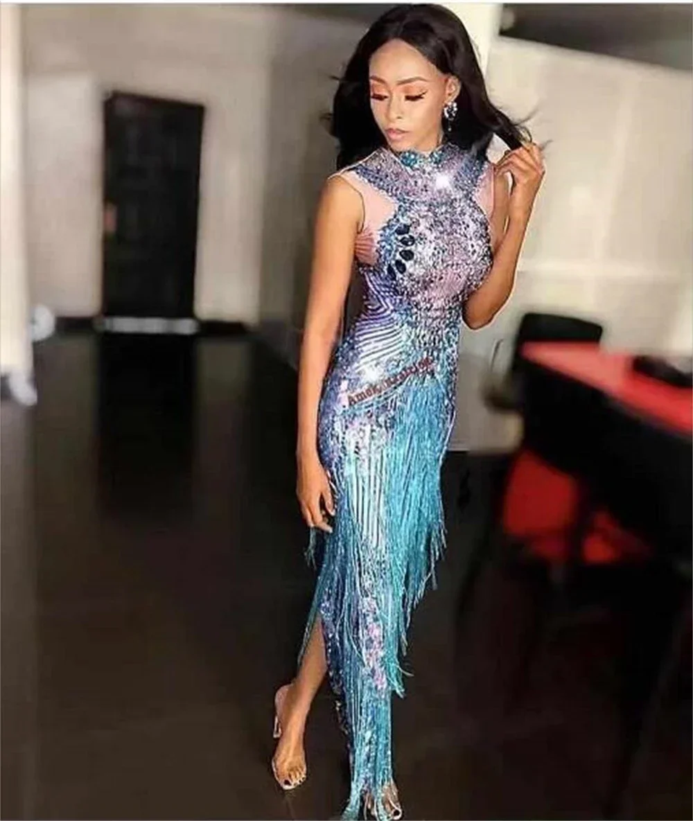 

Women Fashion Crystals Rhinestone Long Dress Sleeveless Tassel Club Party Dress Blue Sexy Jazz Singer Dancer Stage Costumes