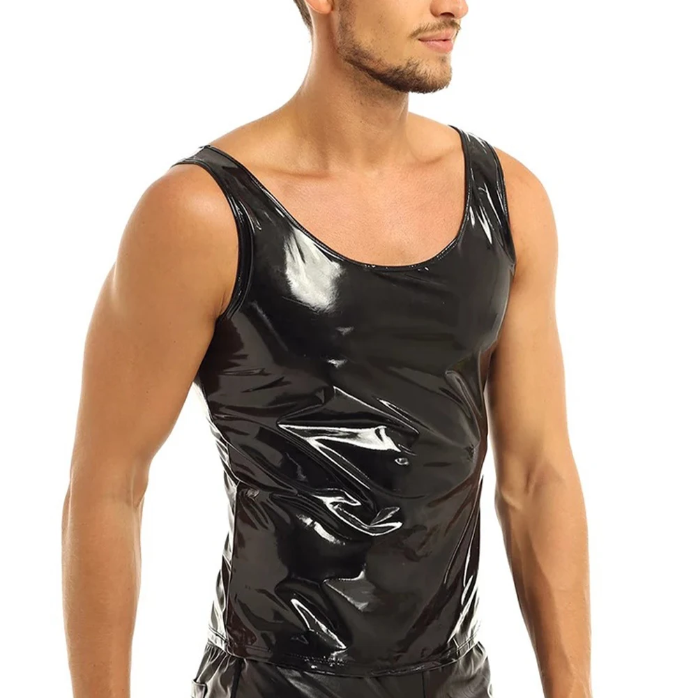PVC Patent Leather Undershirt Tank Tops for Men, Wet Look Sleeveless T Shirt, Slim Fit Vest Black, M 3XL Sizes Available