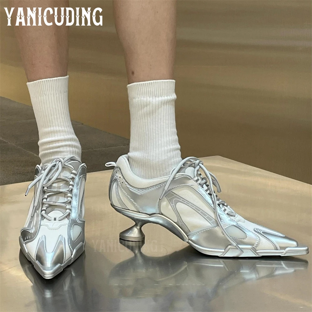 Pointed Toe High Heeled Sneakers for Women Novelty Designer Style Comfortable High Heels Mesh Fashion Strange Heel Sporty Heels 5