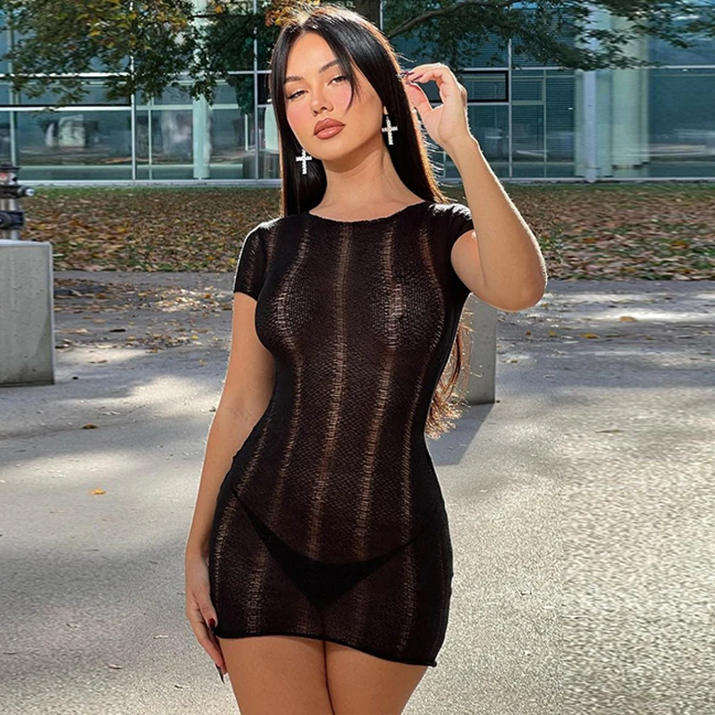 

Cut Out Hole Sexy Skinny Mini Dress Y2K Birthday Party Causal Clothes Women Fashion Knit Short Sleeve 2023 Fall Solid