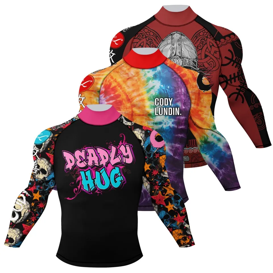 Men Mock Neck Boxing T-shirt Clothing Compression Shirts Rashguard With Elastic Waistband Sublimated Long Sleeve Surf Rash Guard