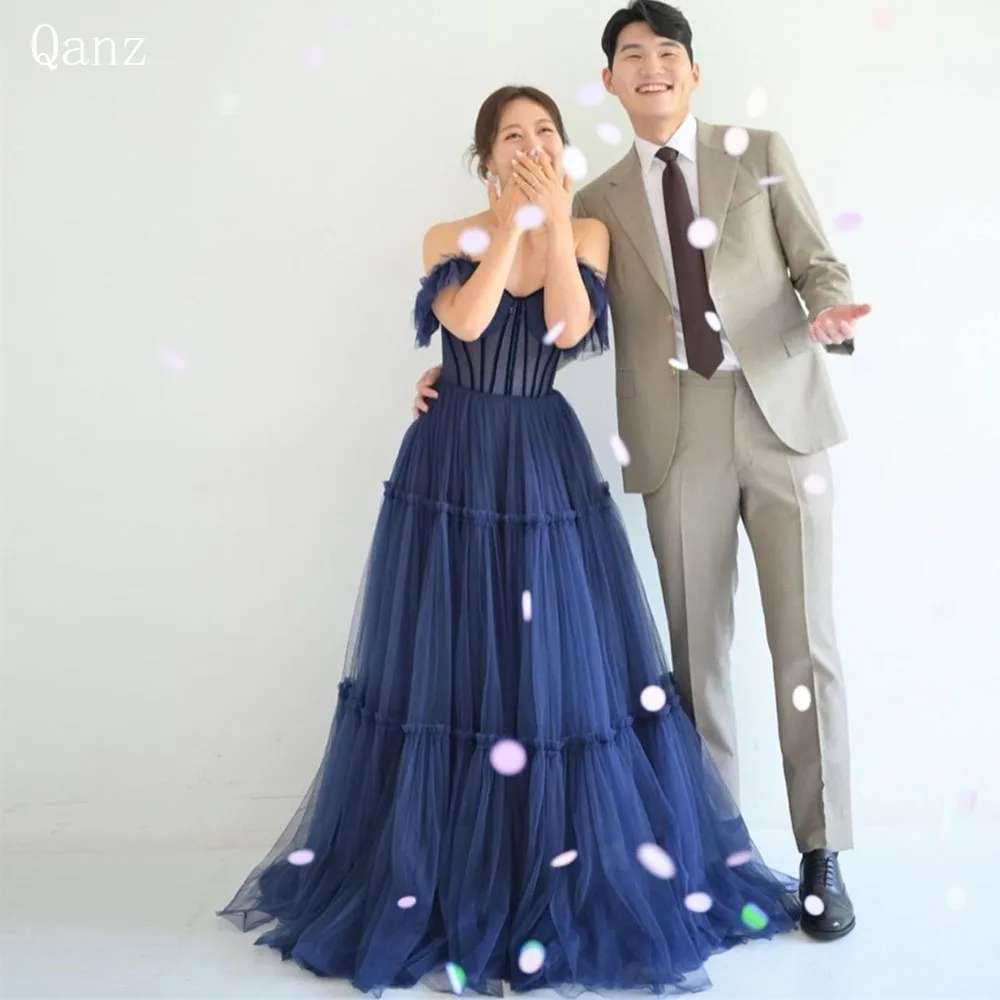 

Qanz Blue Elegant Evening Dresses Off The Shoulder Korea Wedding Party Dress Long A Line Ruched Pleat Birthday Dresses Luxury
