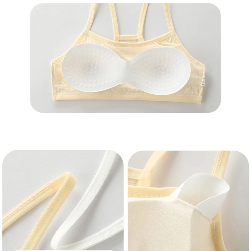 Teens Girls Cotton Training Bra Padded Racerback Ribbed Solid Color Bralette Mesh Back Spaghetti Strap Vest Underwear