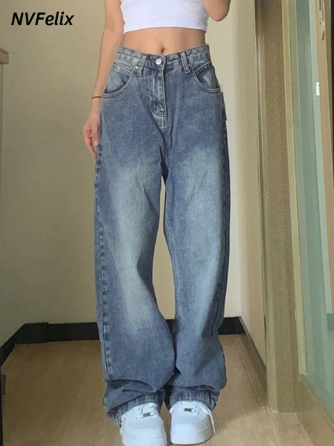 Jeans Women Vintage 90S Baggy Straight Denim Trousers Y2k High Waist Loose  Wide Leg Casual Long
