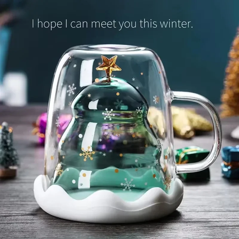 Christmas Cup Transparent Double Anti-Scalding Glass Cup Christmas Tree Star Coffee Cup Milk Juice Cup Children's Christmas Gift
