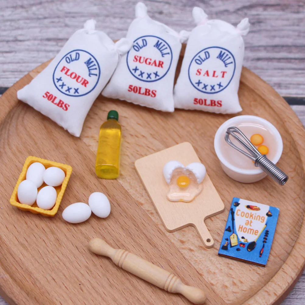 Miniature Baking Props Mini Kitchen Eggbeater Flour Sack Cooking Book Salt Bags Model Dollhouse Kitchen Toys