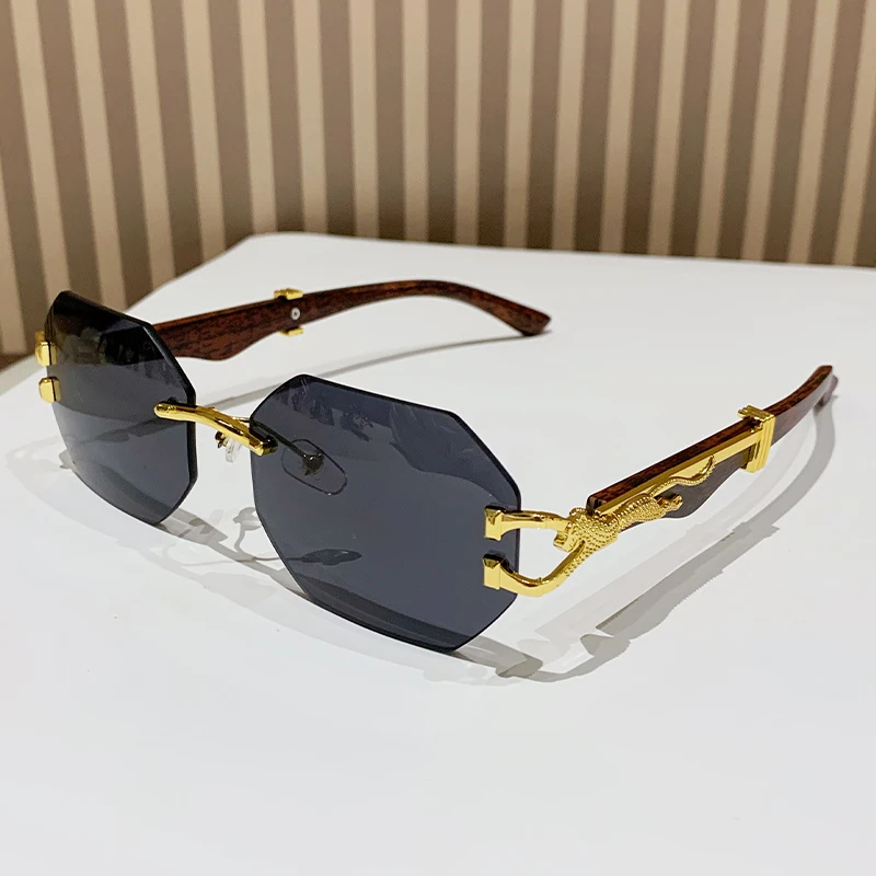 Vintage Leopard Design Rimless Polygonal Metal Frame Anti-Light Glasses - Unisex Outdoor Eyewear