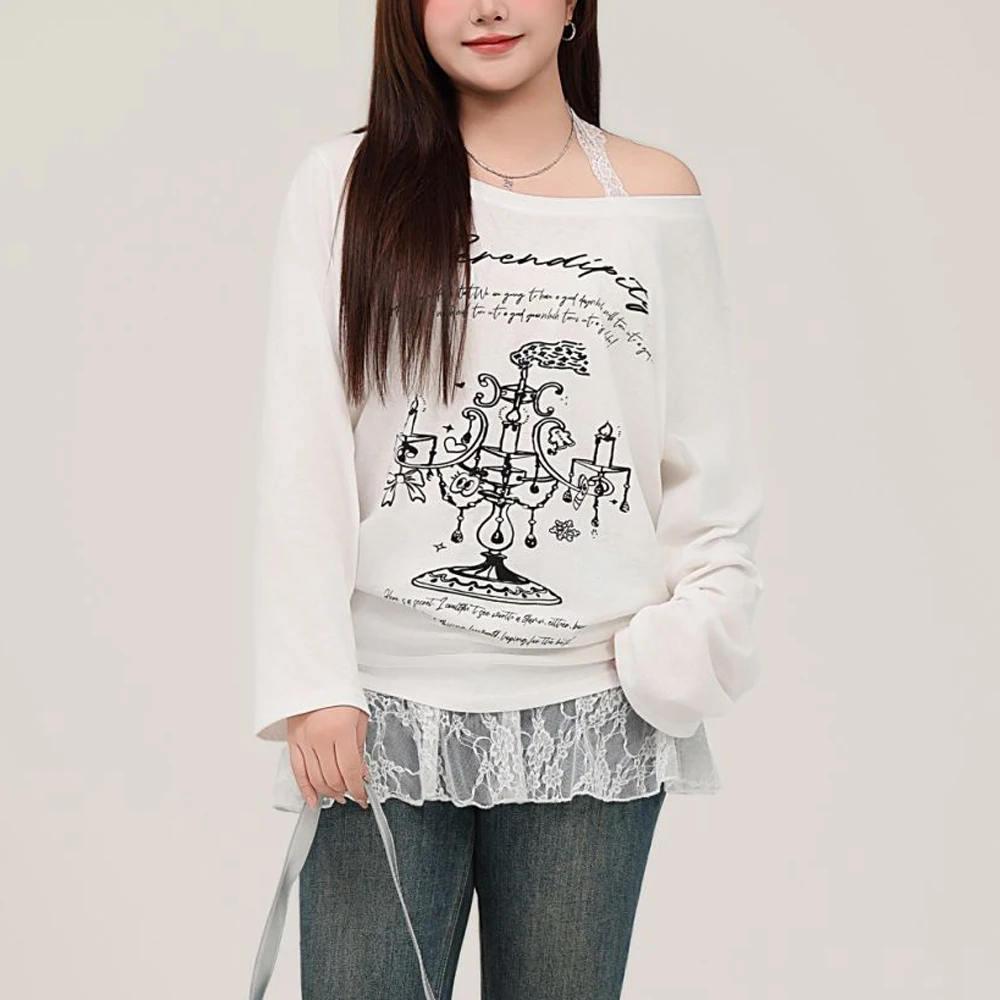 Plus Size Casual Cotton Off-Shoulder Graffiti Print Long Sleeve T-Shirt, Comfortable Loose Fit Top For Women, Spring Summer Tee