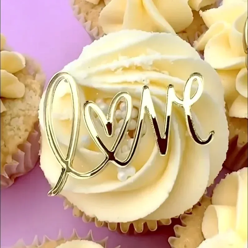 10pcs Add Romance with Acrylic Heart Gold Valentines Cake Topper for Party and Wedding Decor Supplies Baking Decorating Tools