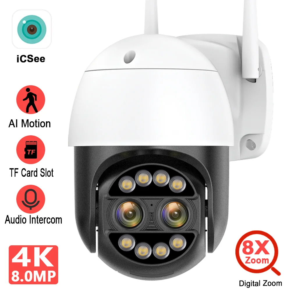 MOSECURE 8MP 4K 8x Hybrid Zoom 2.8+12mm Dual Lens WiFi IP PTZ Camera Human Tracking Two way Audio IP66 iCSee For Home Security