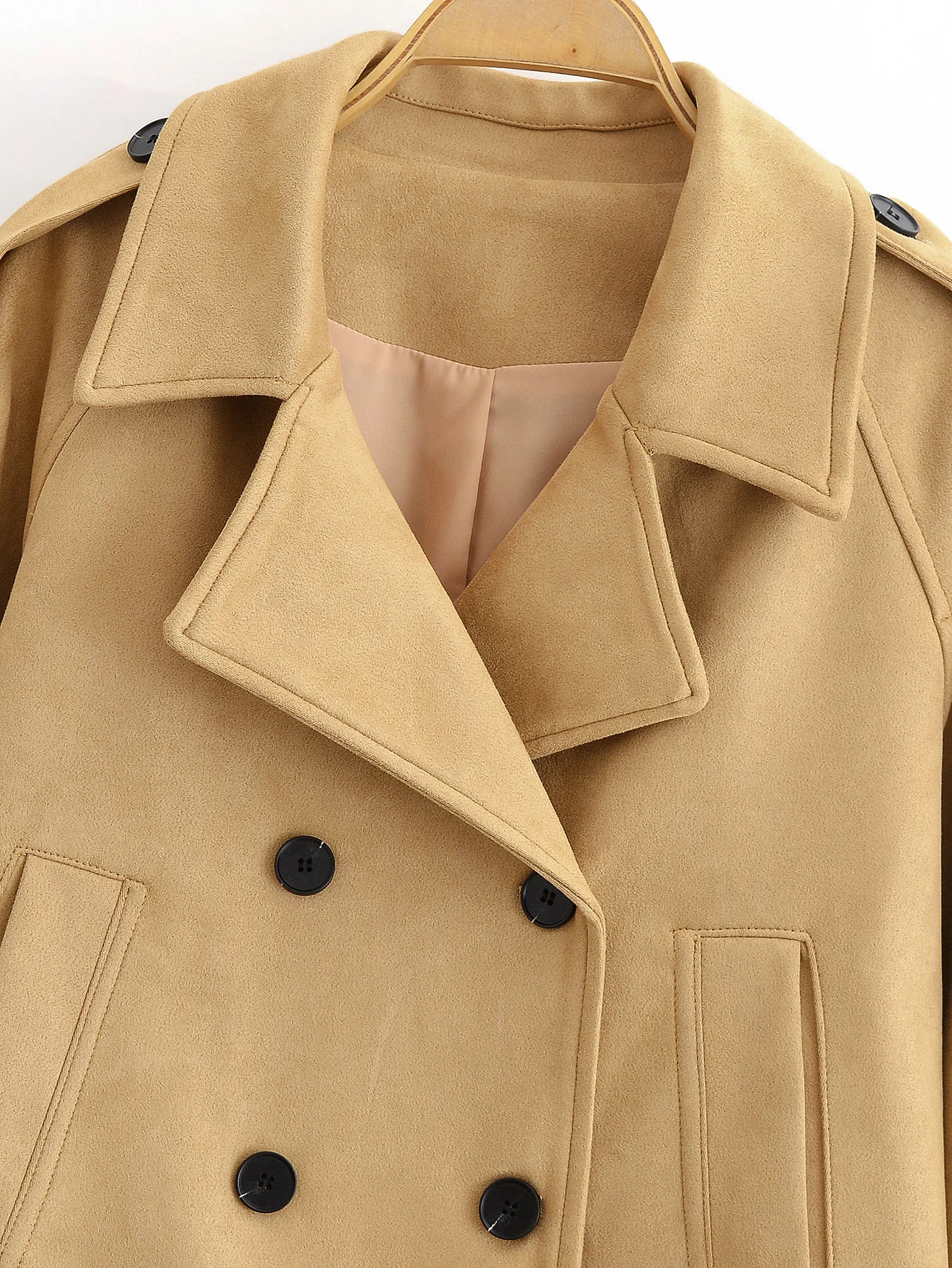 Women's Khaki Short Jacket Coat Autumn Winter Long Sleeve Lapel Double-Breasted Casual Fashion Versatile Trench Coat Streetwear