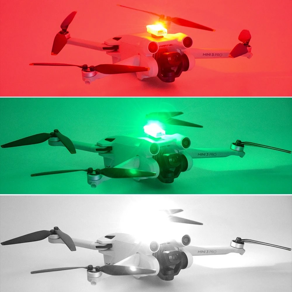 Feu stroboscope pour drone ultra-léger de 5,8g avec 3 couleurs et 9 modes d'éclairage, fixé sur un drone en vol de nuit.