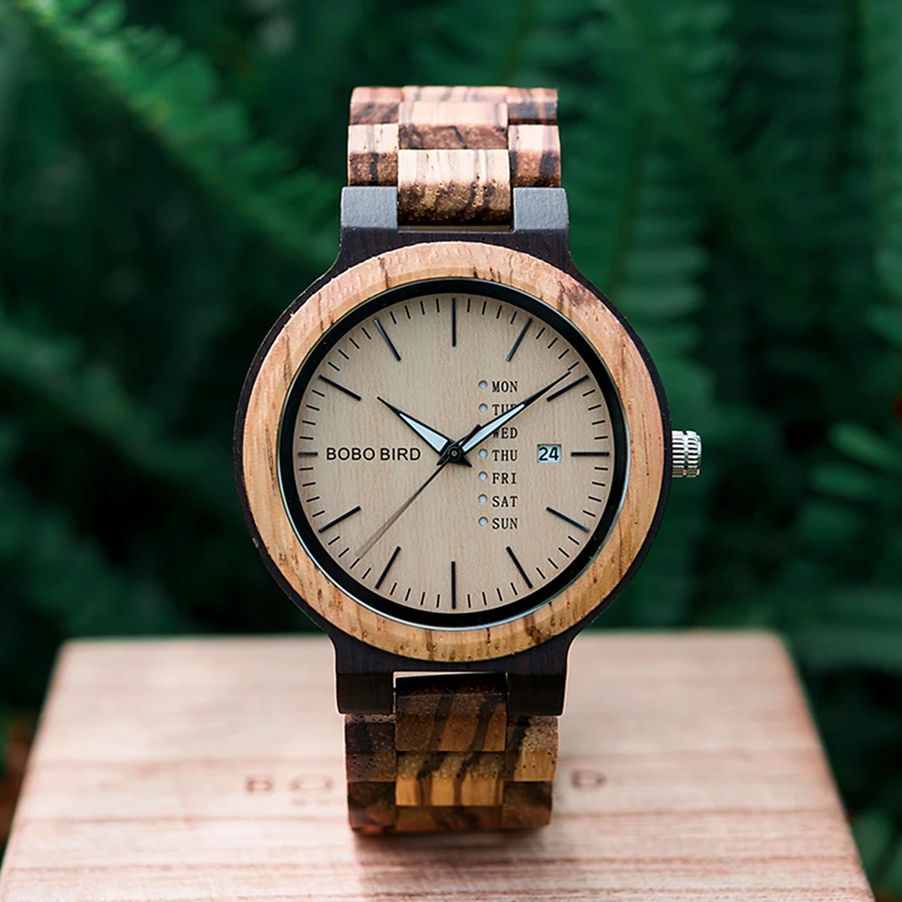 BOBO BIRD-Montre en bois pour hommes, affichage de la semaine d'affaires et de la date, montre à quartz, logo personnalisé, excellent cadeau, mode