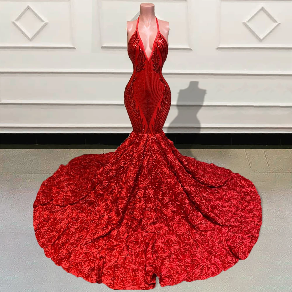 

Black Girls Red Mermaid Long Prom Dress for Graduation Party 2023 Sparkly Sequin 3D Flowers Backless Women Formal Evening Gowns